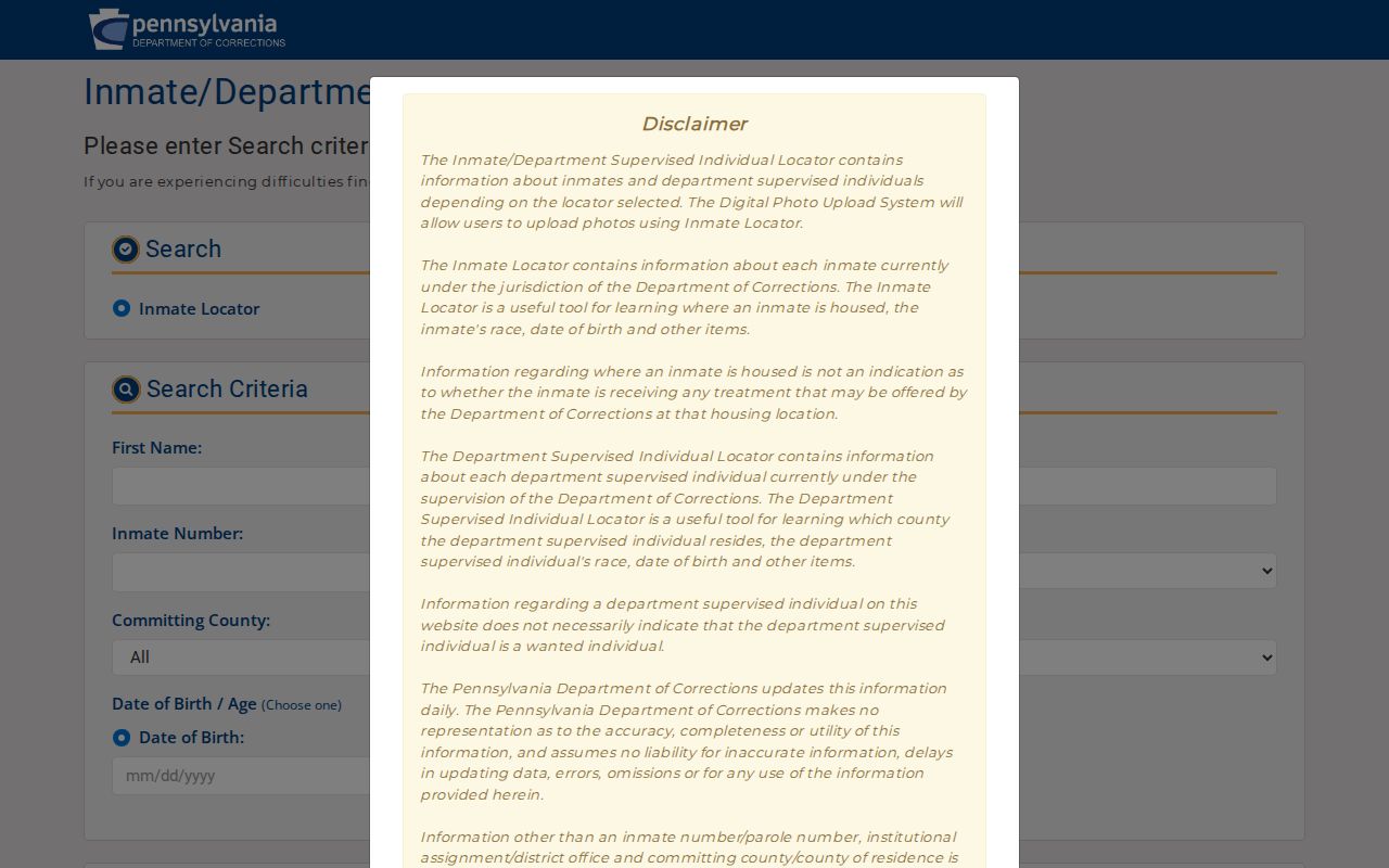 Bradford County arrest and custody search in the Pennsylvania DOC locator