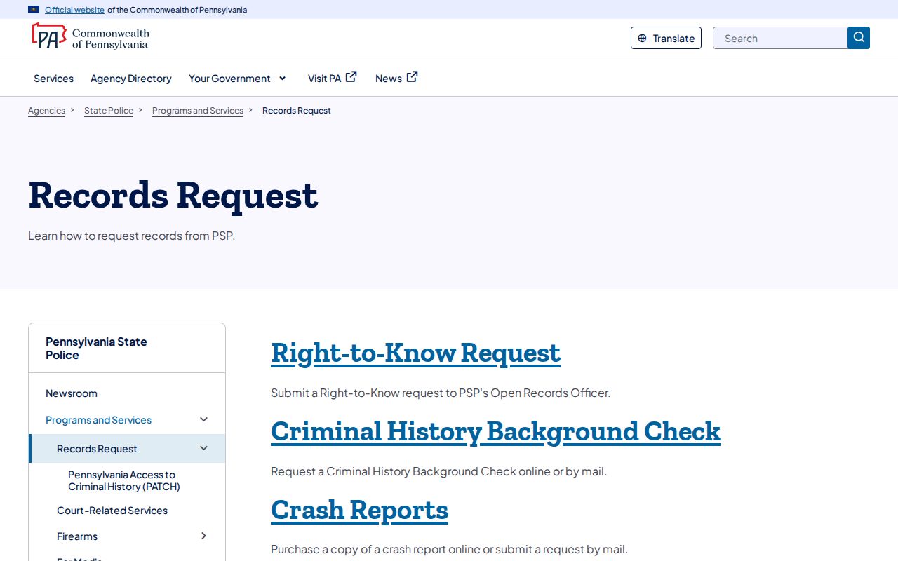 Bradford County arrest record request routing through Pennsylvania State Police