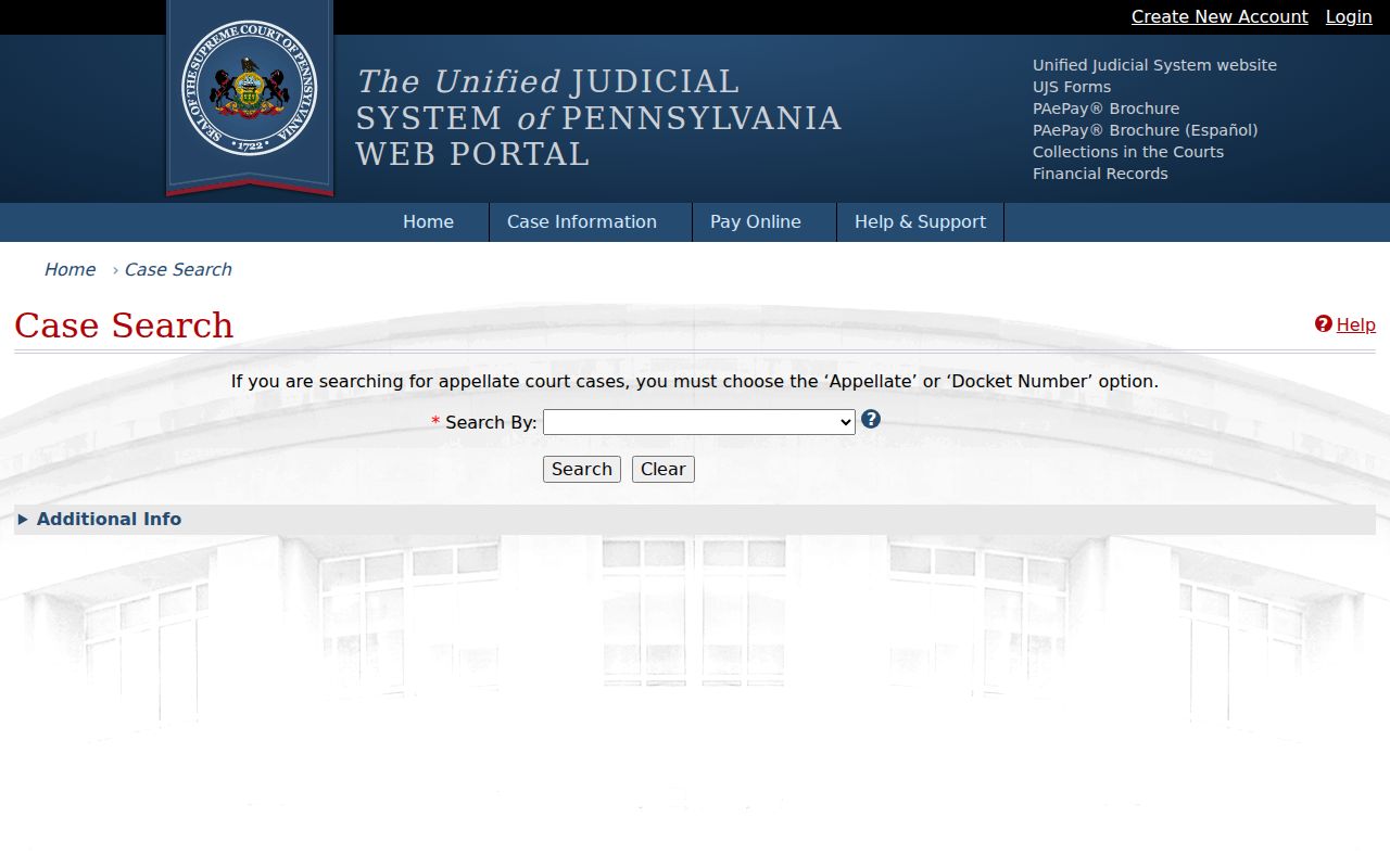 Bradford County court case lookup in the UJS portal