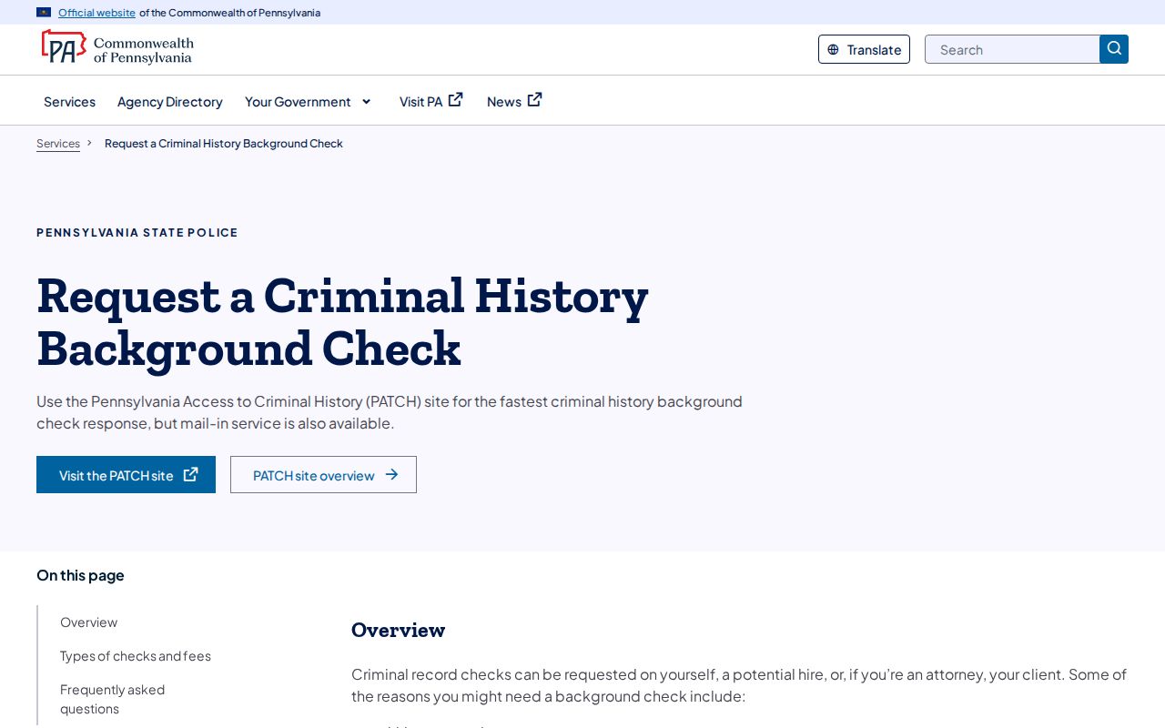 Bradford County criminal records PSP PATCH fee guidance