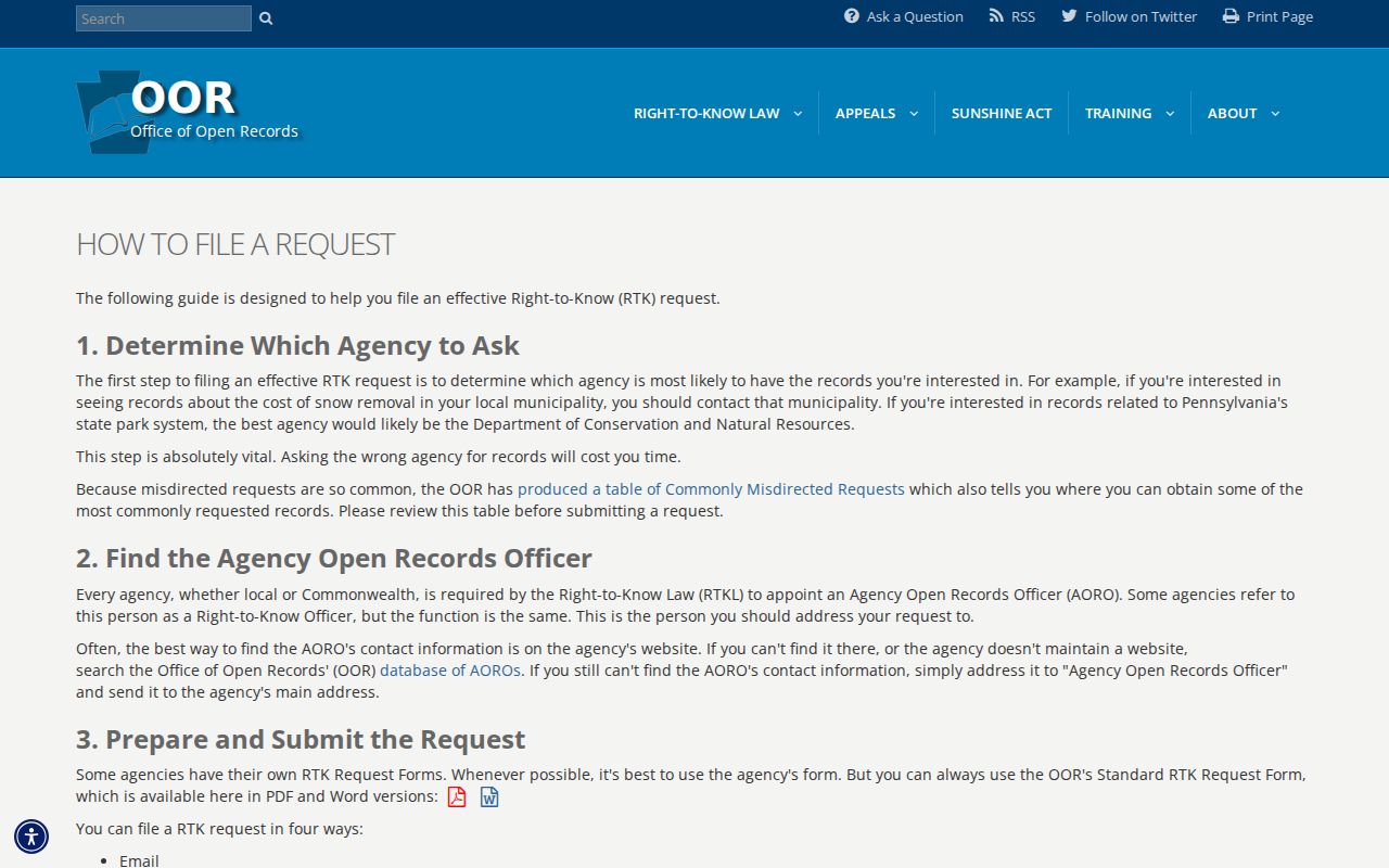 Right-to-Know filing instructions for Sayre criminal records